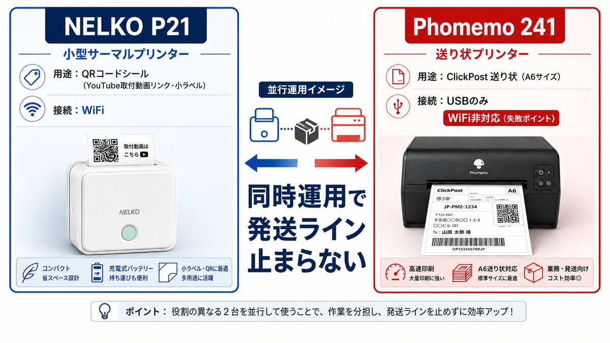 サーマルプリンタ２台役割分担 NELKO P21小型QR用 Phomemo 241送り状用