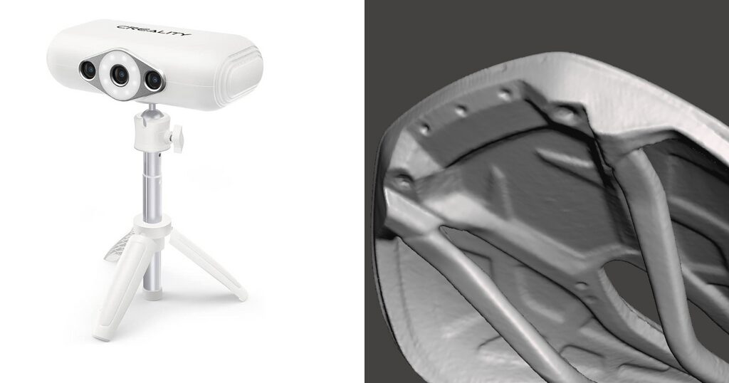 3Dスキャナーで現物サドルをスキャンする様子と3Dデータ化された結果