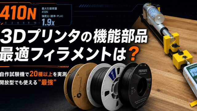 3Dプリンタの機能部品に最適なフィラメントは何か？ 自作試験機で20種以上を実測した結論。最大引張荷重410N、強度比1.9倍を提示するアイキャッチ画像。