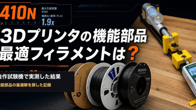 3Dプリンタの機能部品の最適フィラメントを自作試験機で実測した結果。最大引張荷重410N（PLA比1.9倍）
