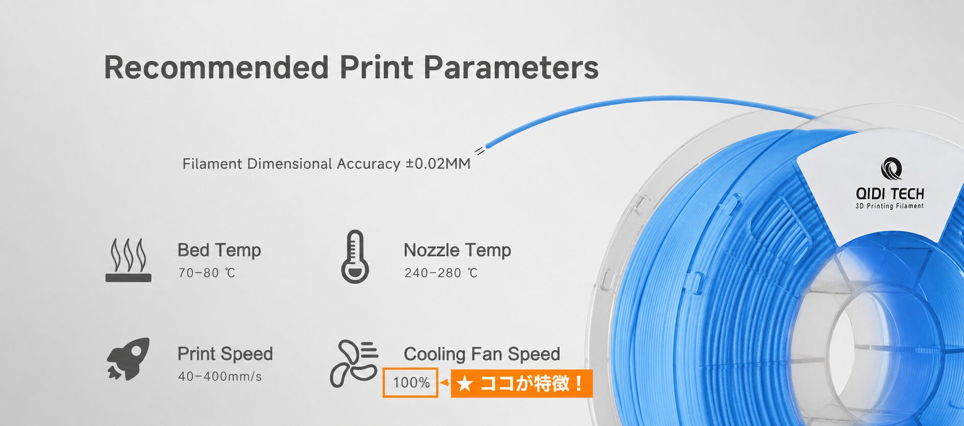 QIDI公式のRecommended Print Parameters。Cooling Fan Speed 100%が公式仕様として明記されている珍しいフィラメント