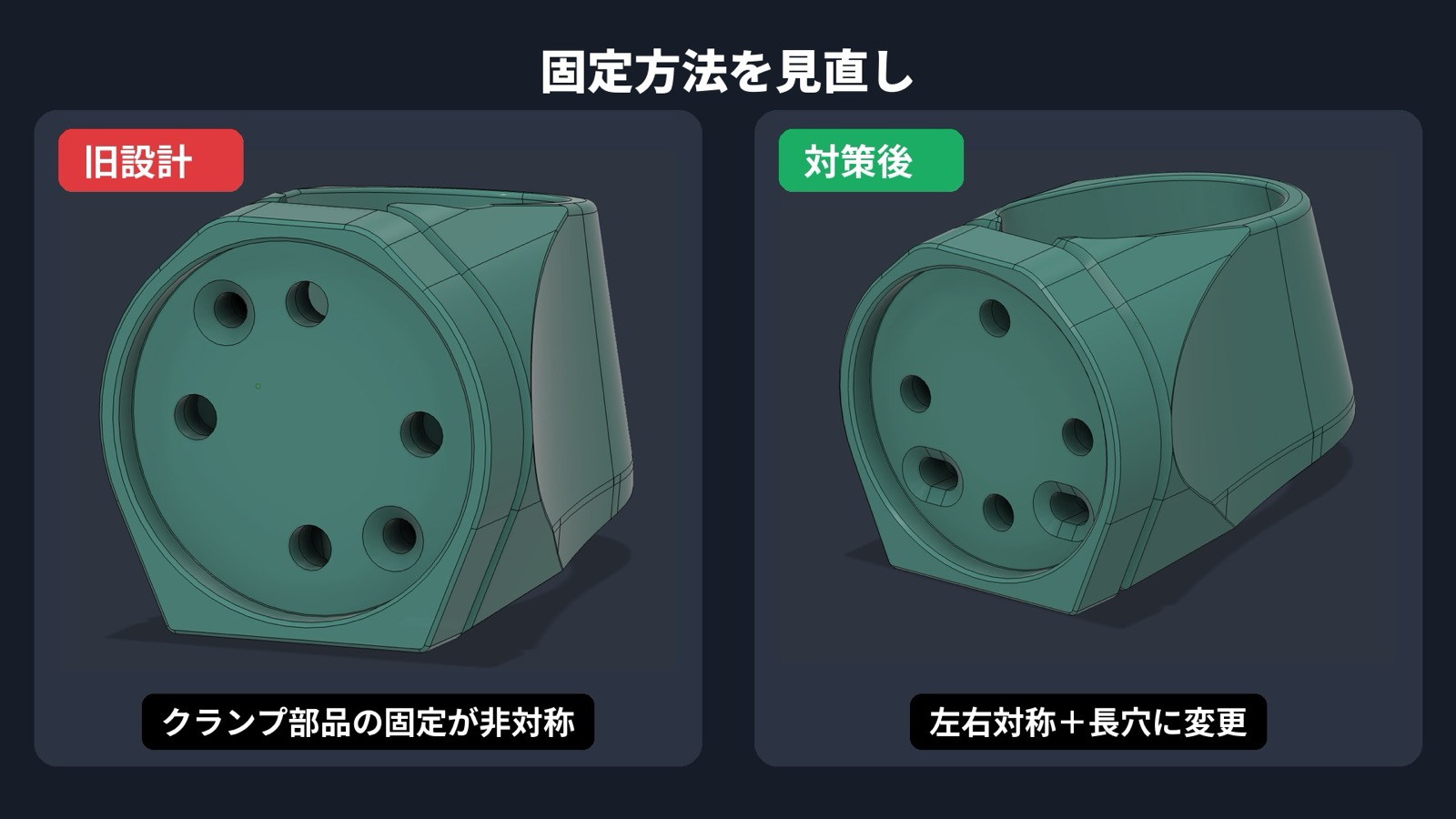 Tarmac SL8レーダーマウントの旧設計と左右対称・長穴へ変更した対策後の比較