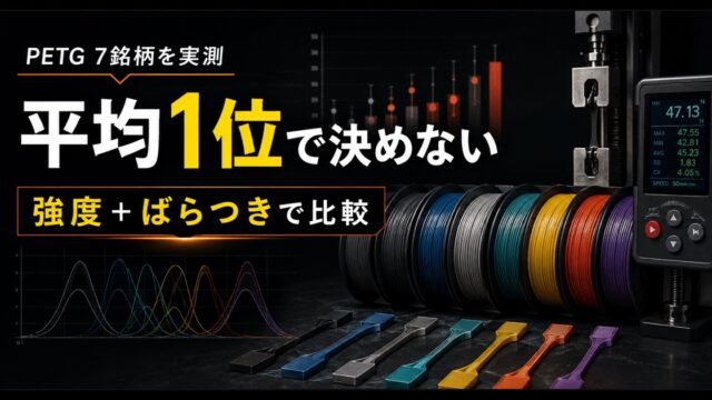 PETGフィラメント7銘柄を引張試験し、平均強度とばらつきを比較