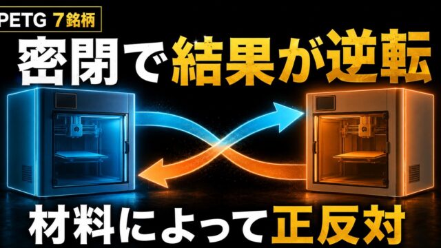 PETG7銘柄をチャンバー開放と密閉で比較し、材料による結果の違いを検証