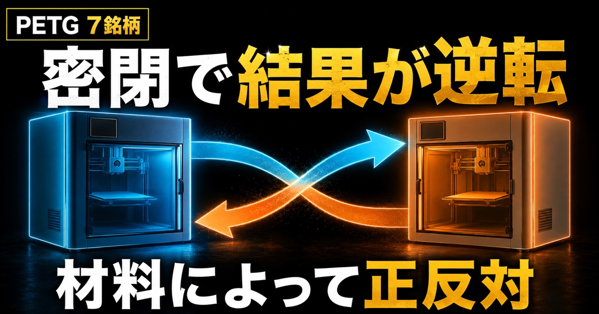 PETG7銘柄をチャンバー開放と密閉で比較し、材料による結果の違いを検証