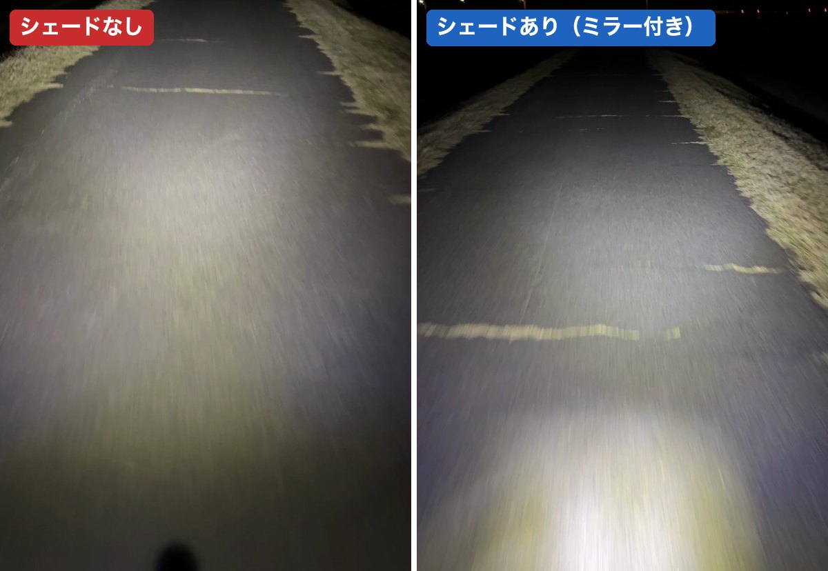 ライダー目線の路面の映像。シェードなし（左）とシェードあり・ミラー付き（右）の比較