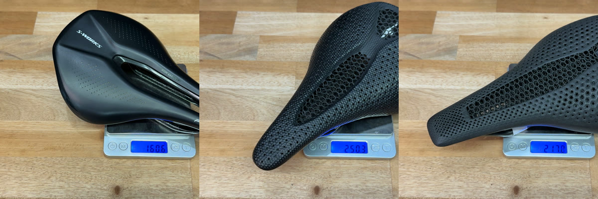 パワーサドル3本の実測重量 160.6g・250.3g・217.8g